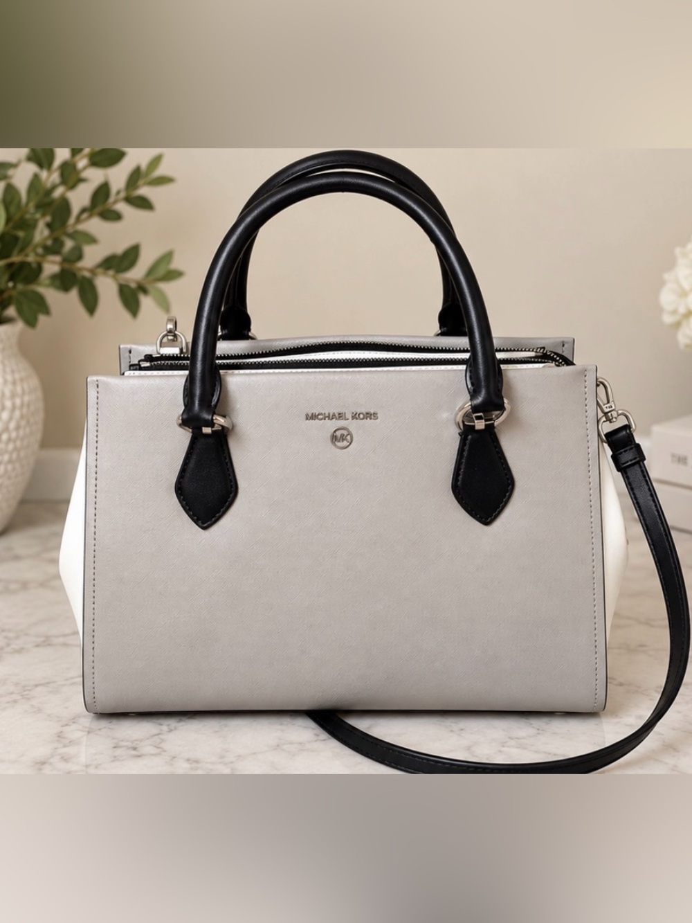 Michael Kors Grey and White with and Black Top-Handle Saffiano Leather Satchel